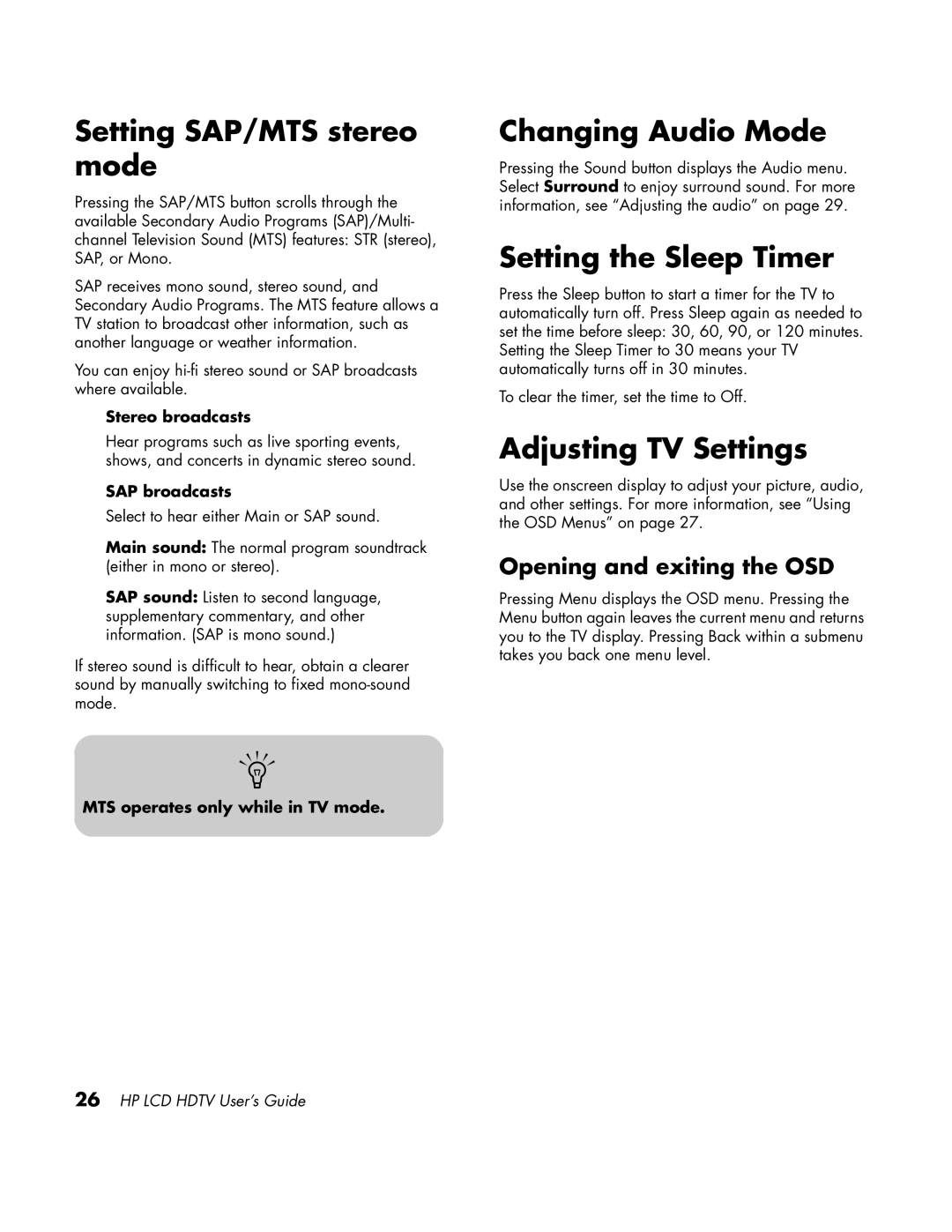 HP LC3760N manual Setting SAP/MTS stereo mode, Changing Audio Mode, Setting the Sleep Timer, Adjusting TV Settings 