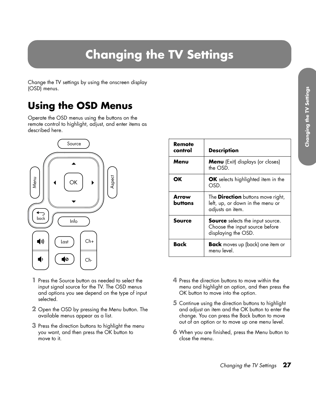 HP LC3760N manual Changing the TV Settings, Using the OSD Menus 