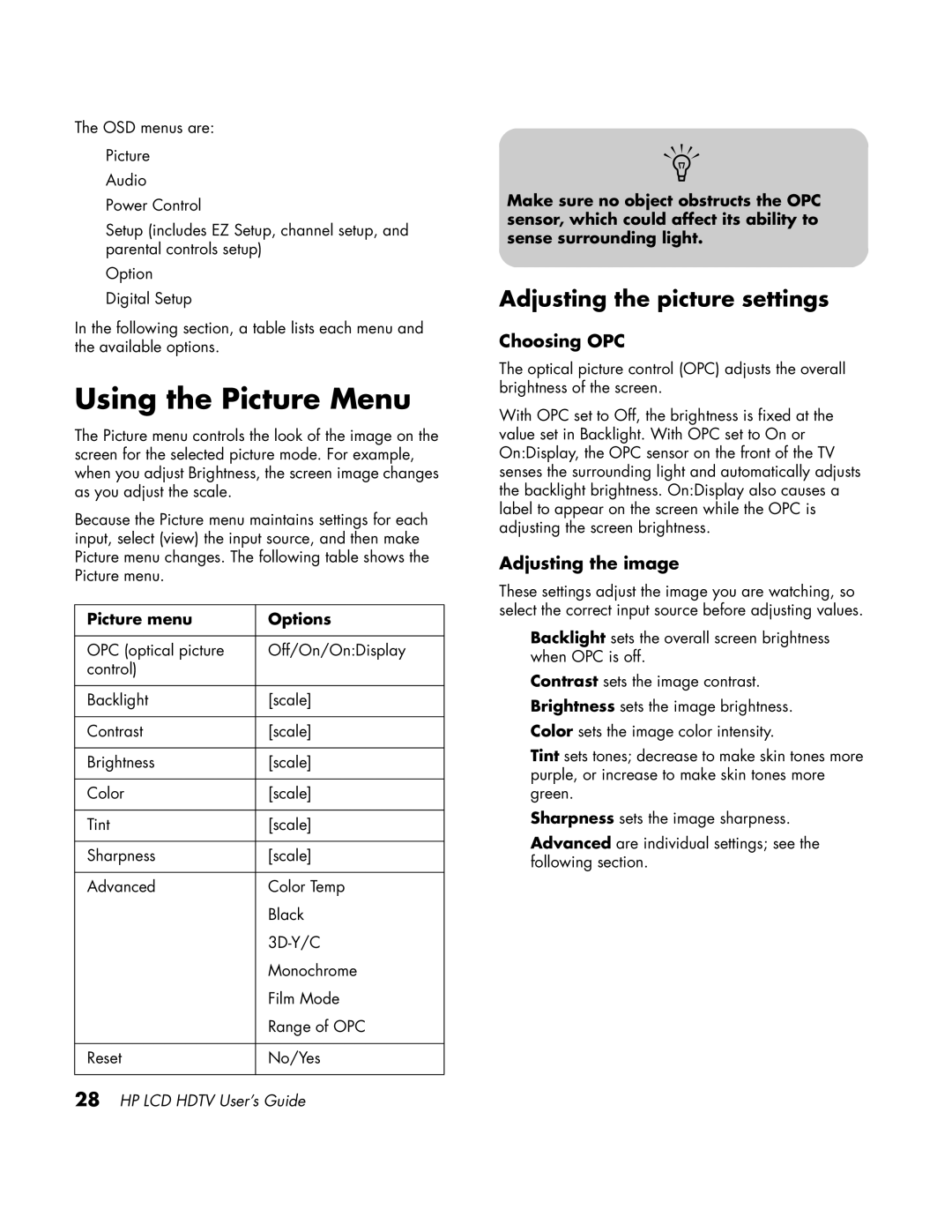 HP LC3760N Using the Picture Menu, Adjusting the picture settings, Choosing OPC, Adjusting the image, Picture menu Options 