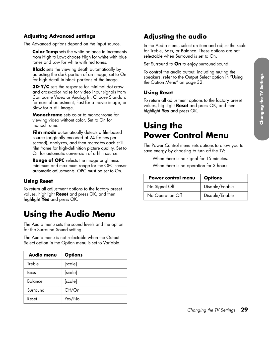 HP LC3760N Using the Audio Menu, Using Power Control Menu, Adjusting the audio, Adjusting Advanced settings, Using Reset 