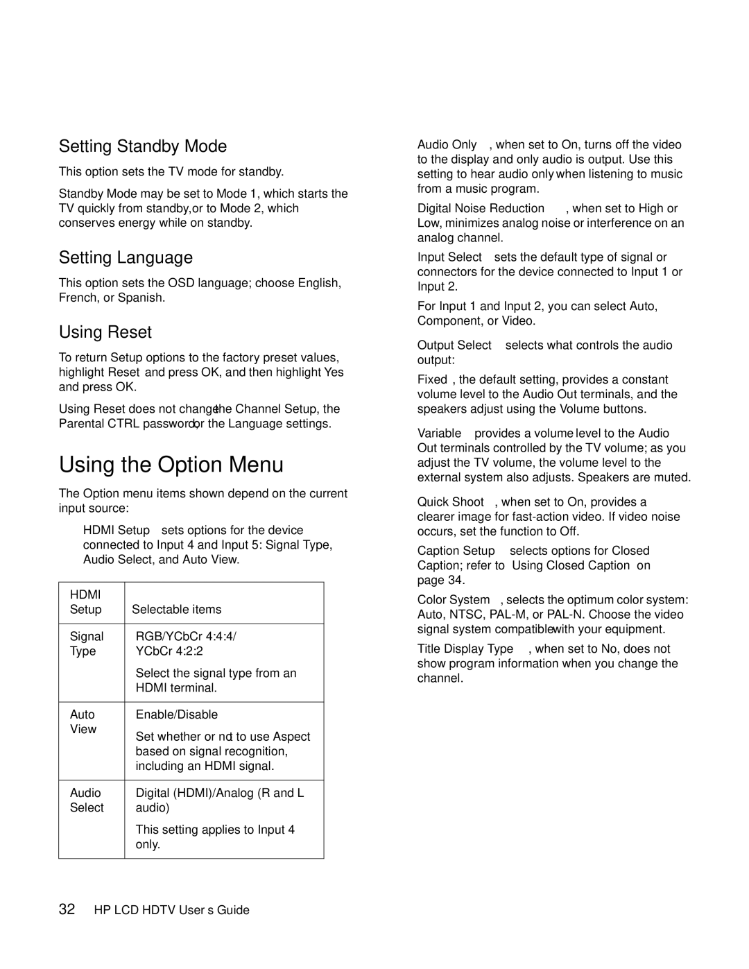 HP LC3760N manual Using the Option Menu, Setting Standby Mode, Setting Language, Using Reset 