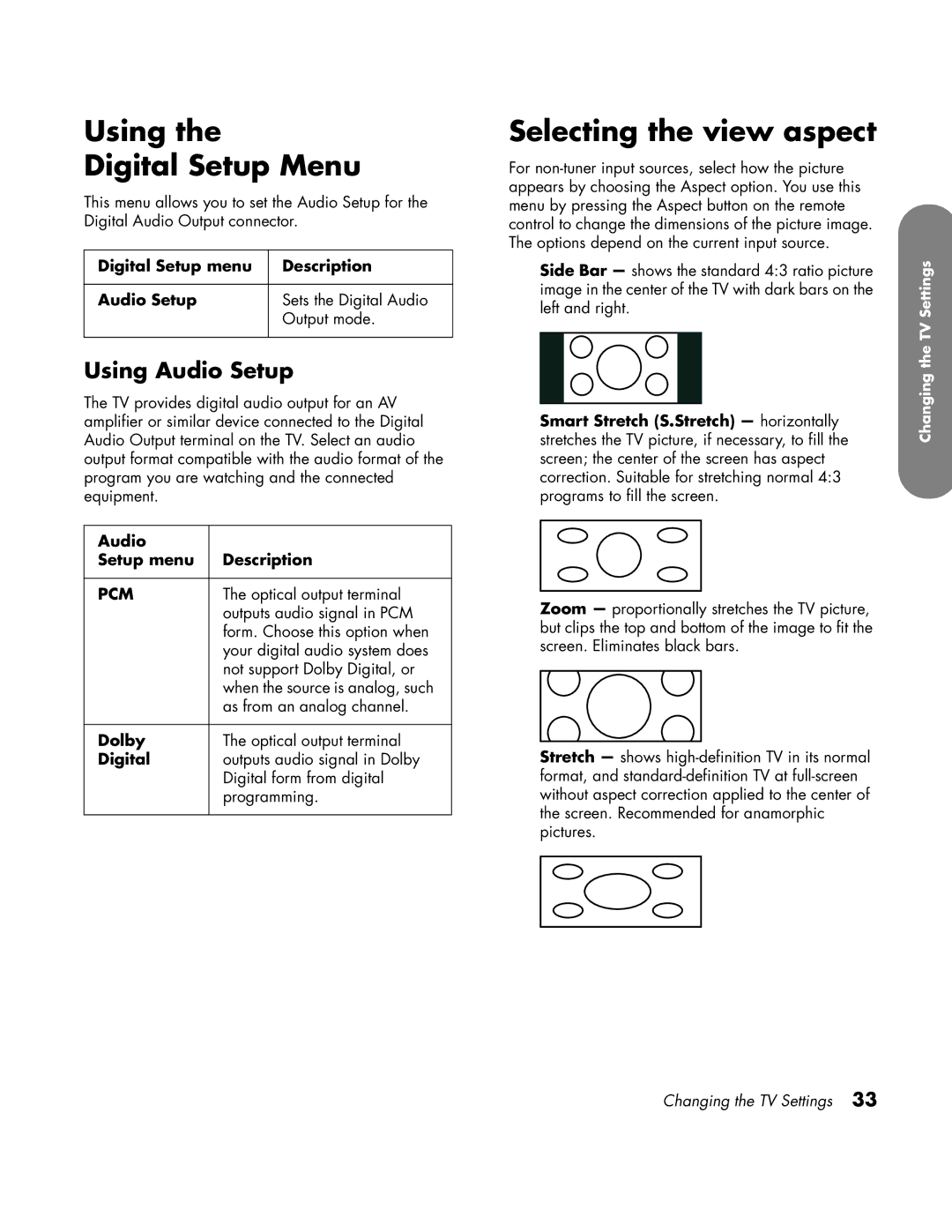 HP LC3760N manual Using Digital Setup Menu, Selecting the view aspect, Using Audio Setup 