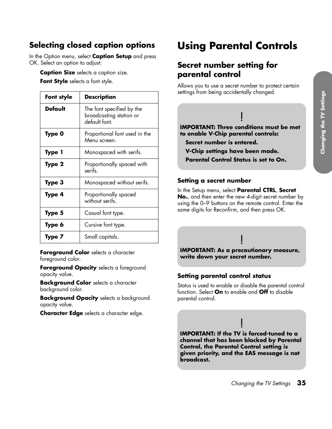 HP LC3760N manual Using Parental Controls, Selecting closed caption options, Secret number setting for parental control 