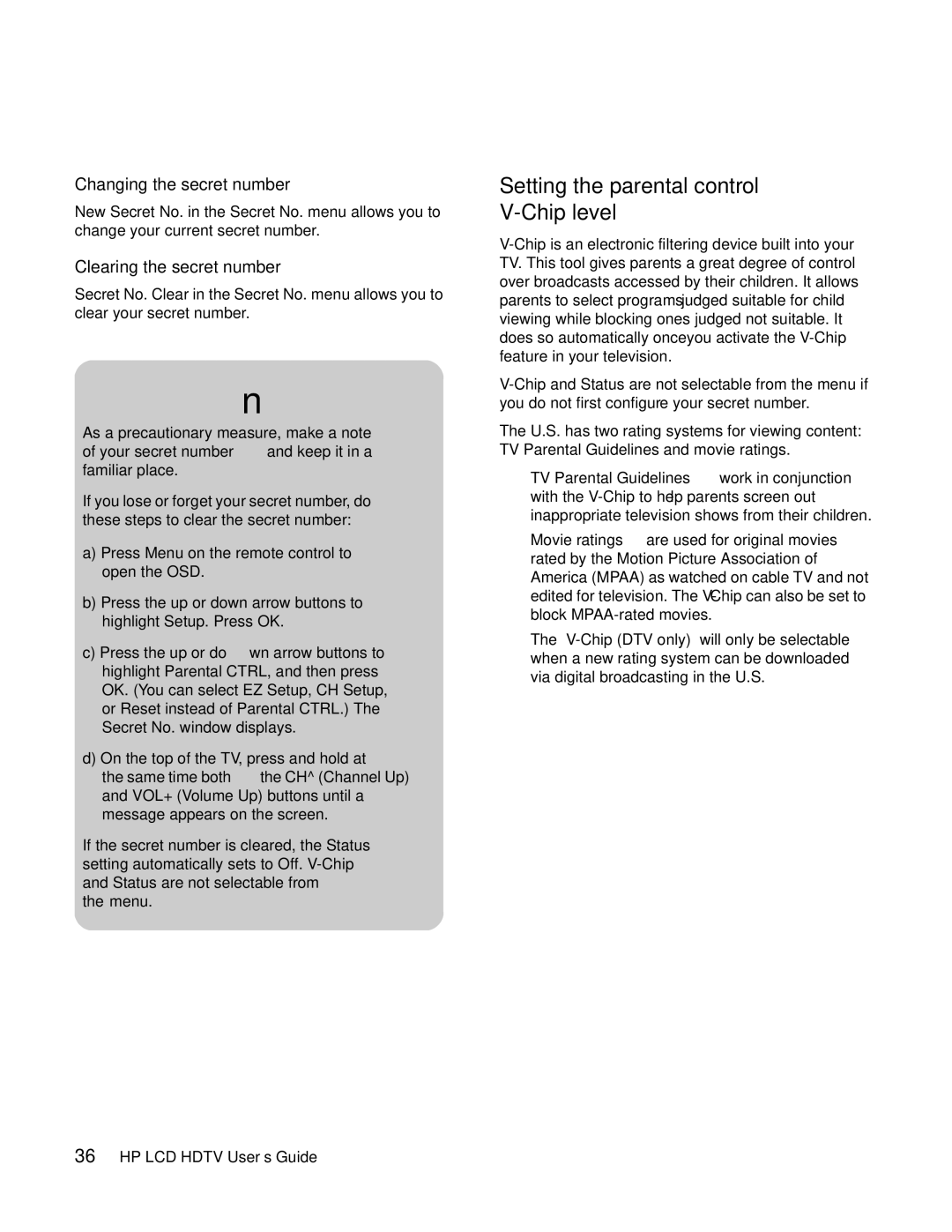 HP LC3760N manual Setting the parental control V-Chip level, Changing the secret number, Clearing the secret number 