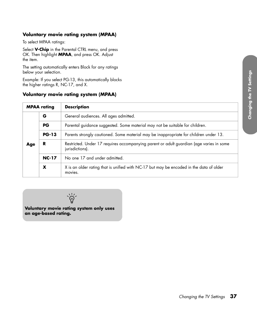 HP LC3760N manual Voluntary movie rating system Mpaa 