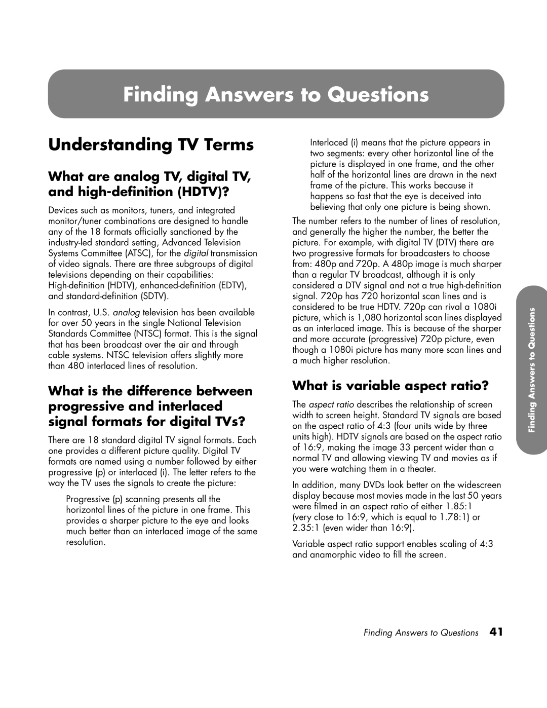 HP LC3760N Finding Answers to Questions, Understanding TV Terms, What are analog TV, digital TV, and high-definition HDTV? 