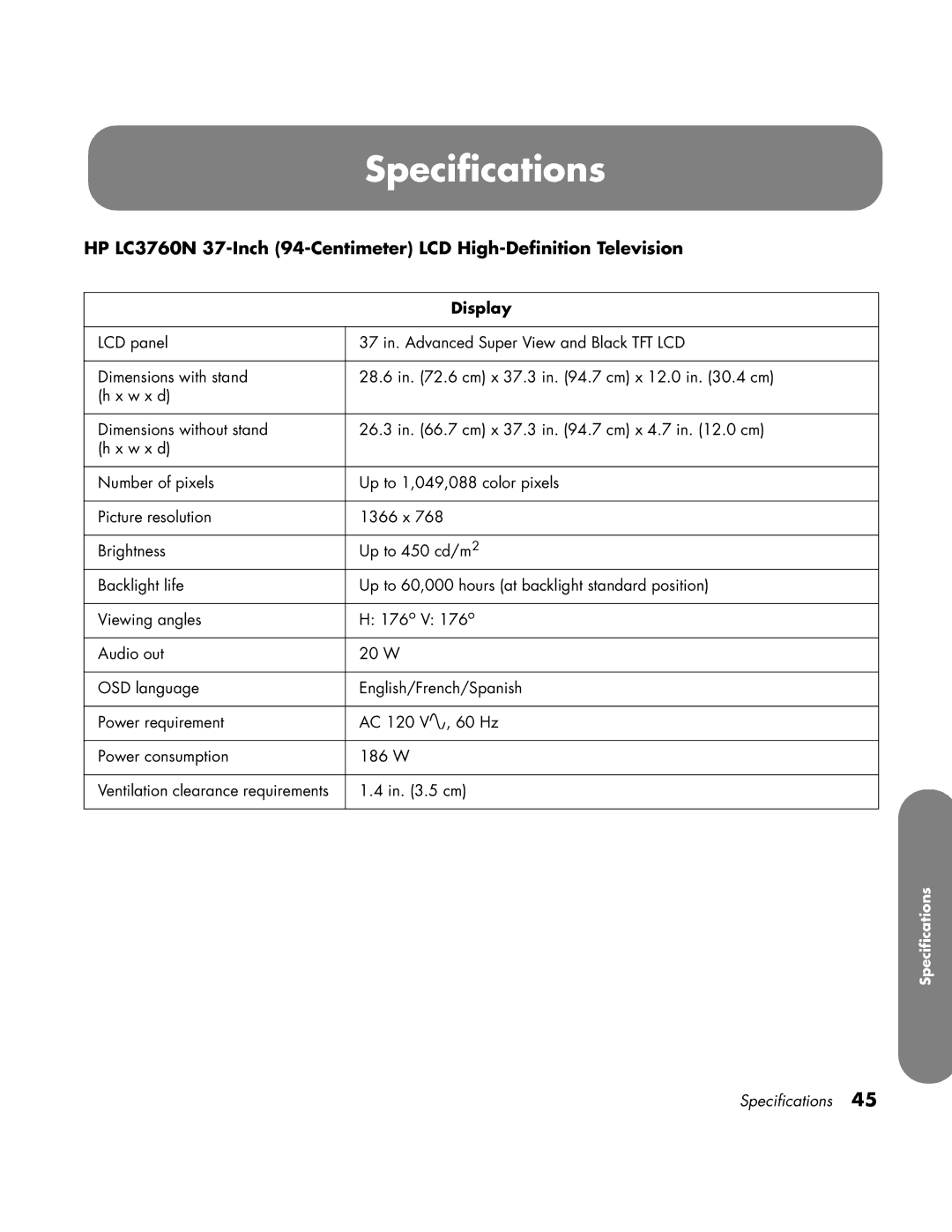 HP LC3760N manual Specifications, Display 