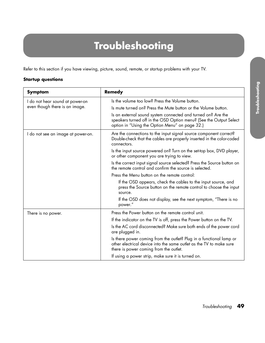 HP LC3760N manual Troubleshooting, Startup questions, Symptom Remedy 