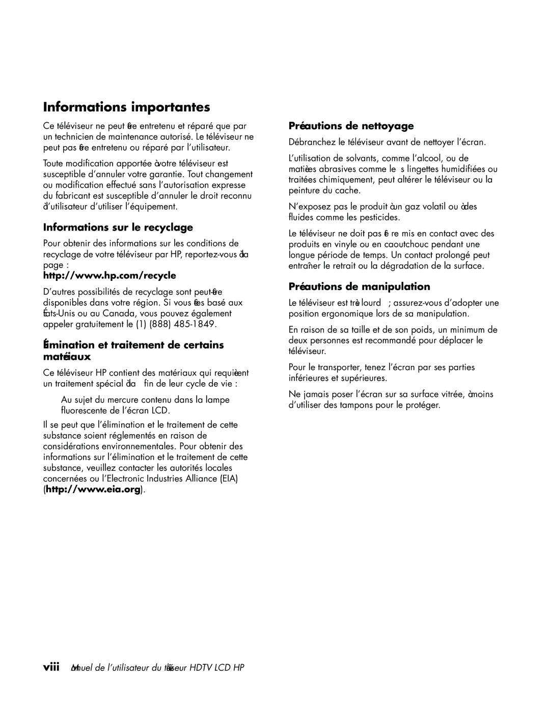 HP LC3760N manual Informations importantes, Informations sur le recyclage, Élimination et traitement de certains matériaux 