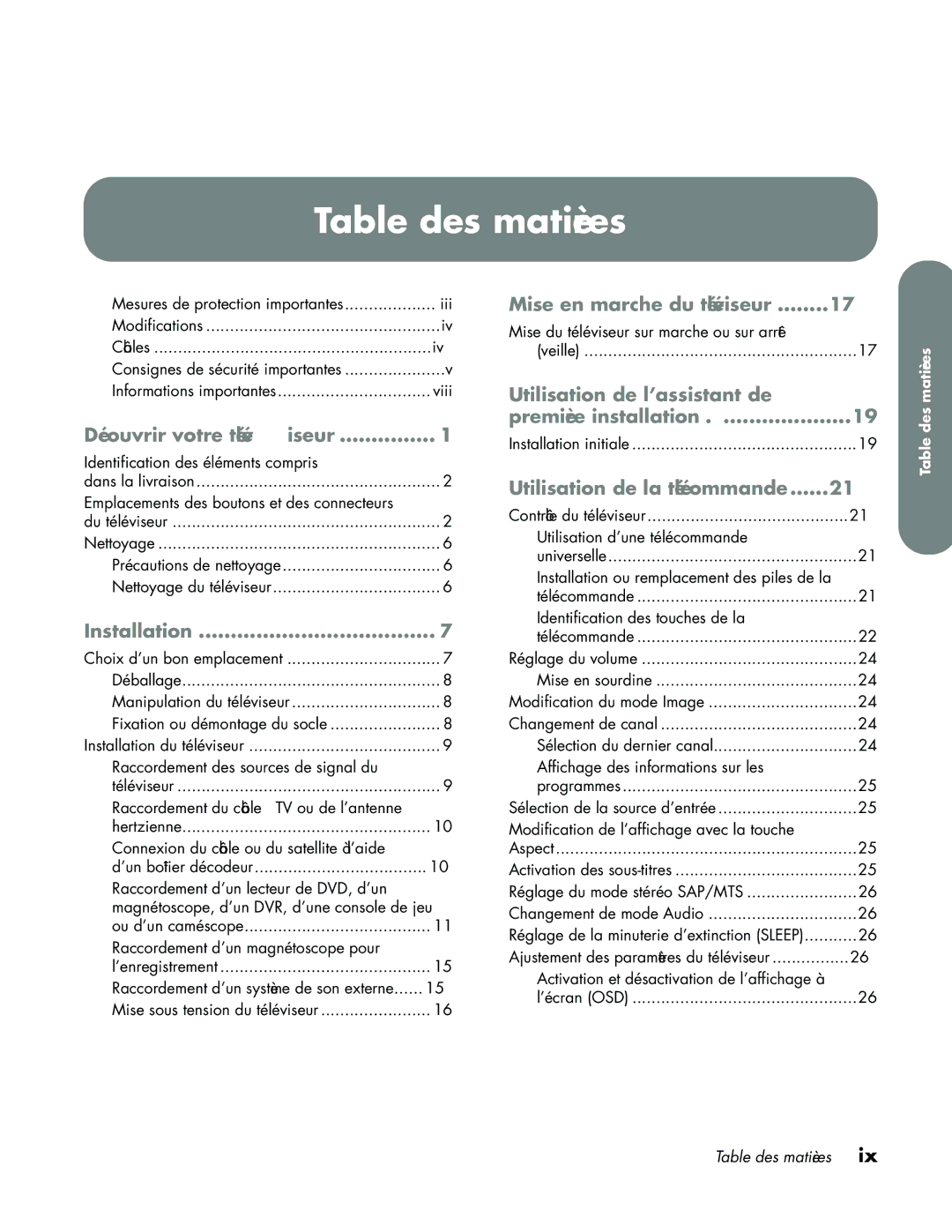 HP LC3760N manual Table des matières, Découvrir votre téléviseur 