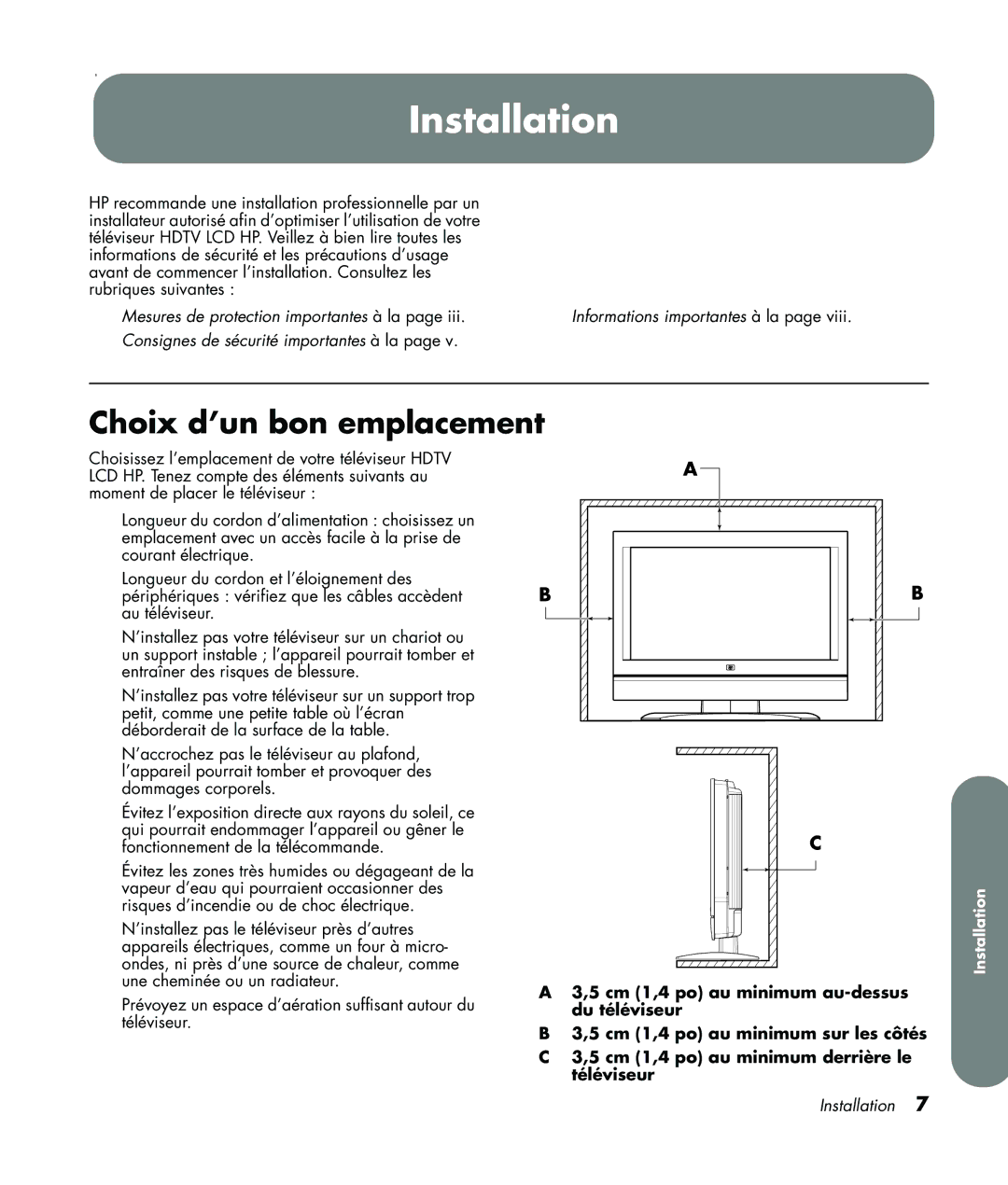 HP LC3760N manual Installation, Choix d’un bon emplacement 