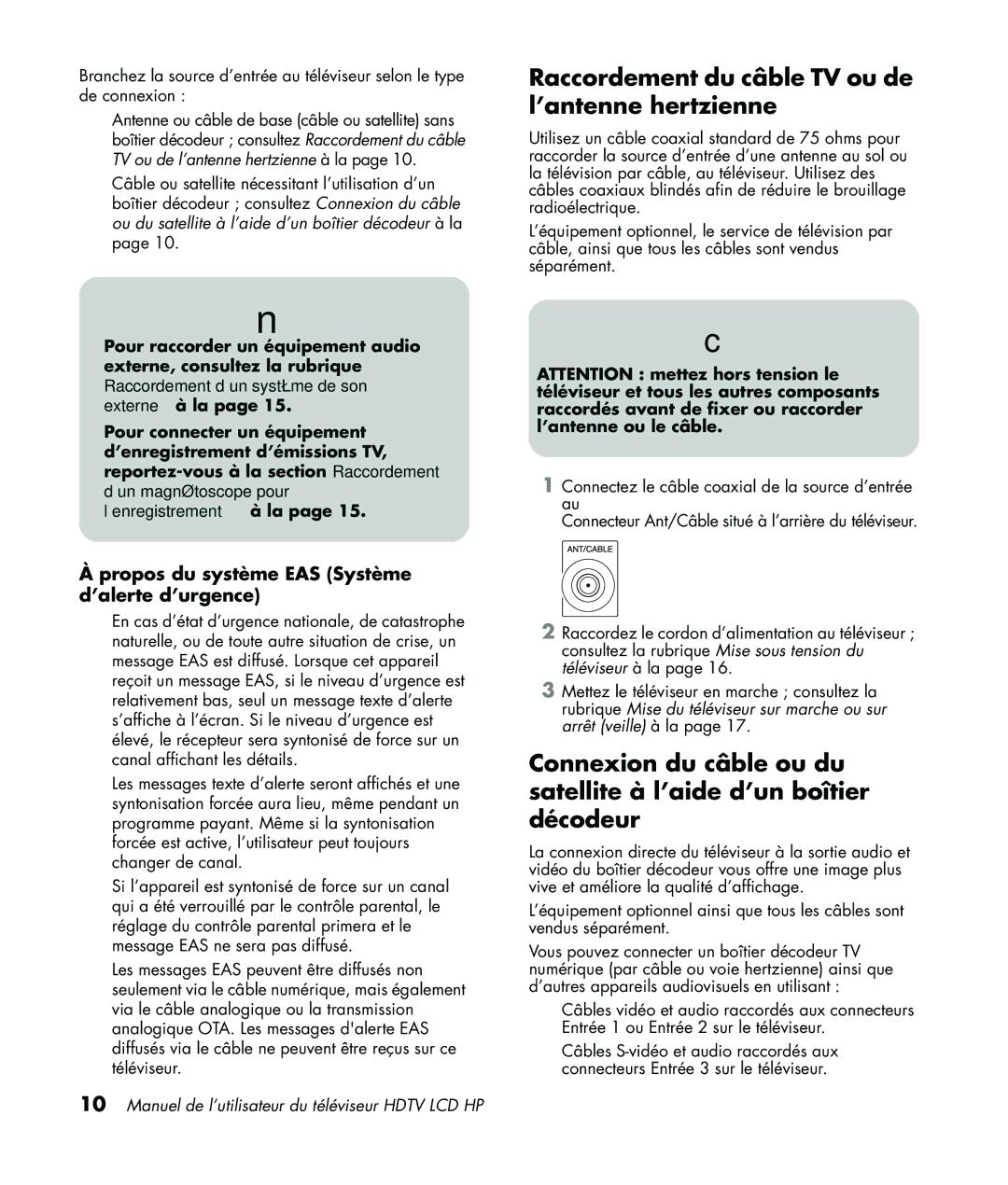 HP LC3760N manual Raccordement du câble TV ou de l’antenne hertzienne, Propos du système EAS Système d’alerte d’urgence 