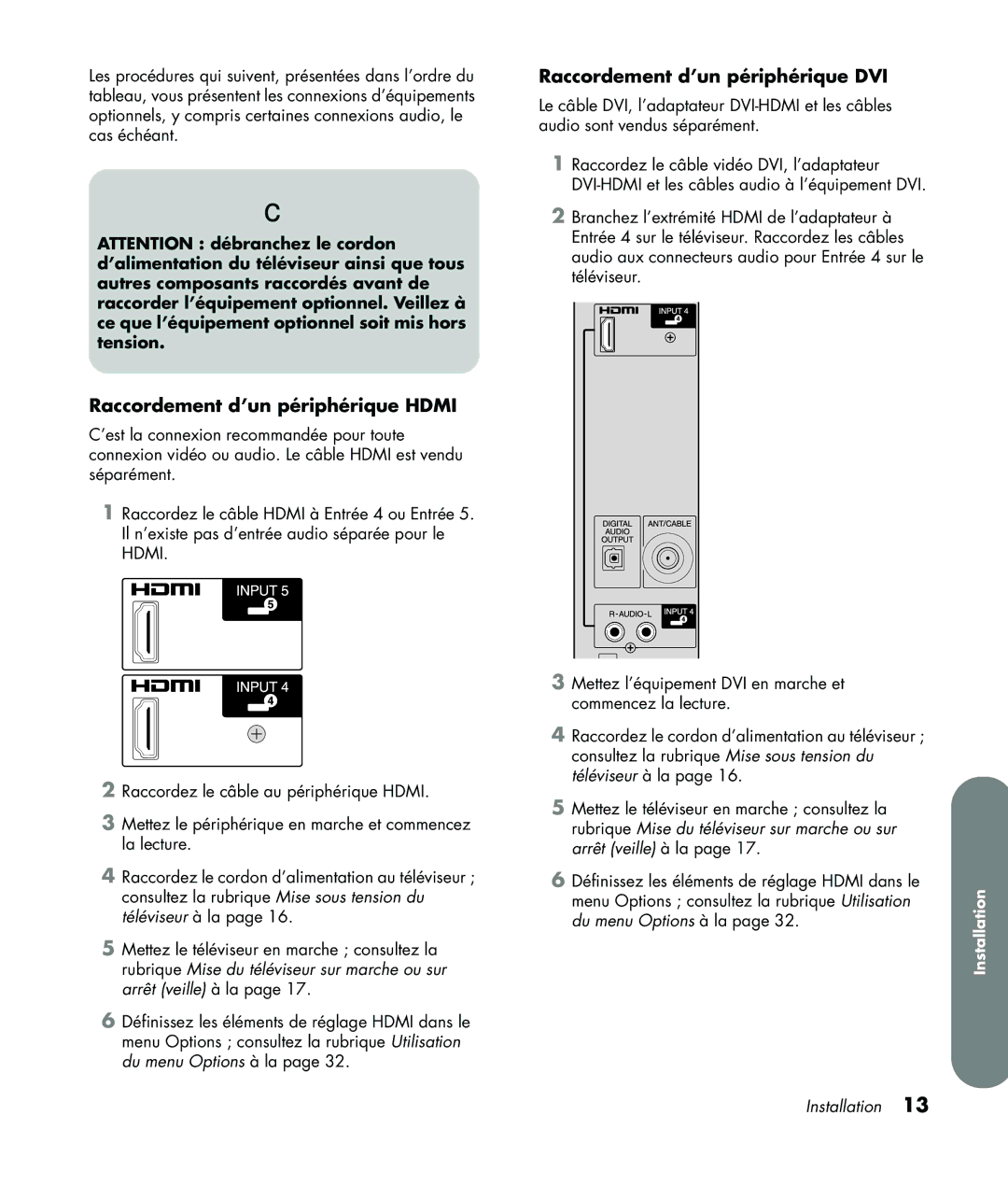 HP LC3760N manual Raccordement d’un périphérique Hdmi, Raccordement d’un périphérique DVI 