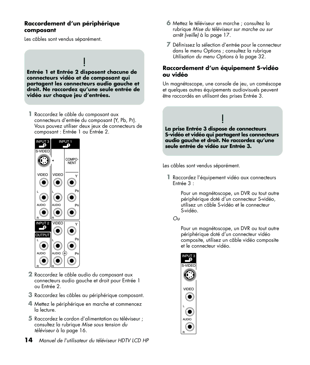 HP LC3760N manual Raccordement d’un périphérique composant, Raccordement d’un équipement S-vidéo ou vidéo 