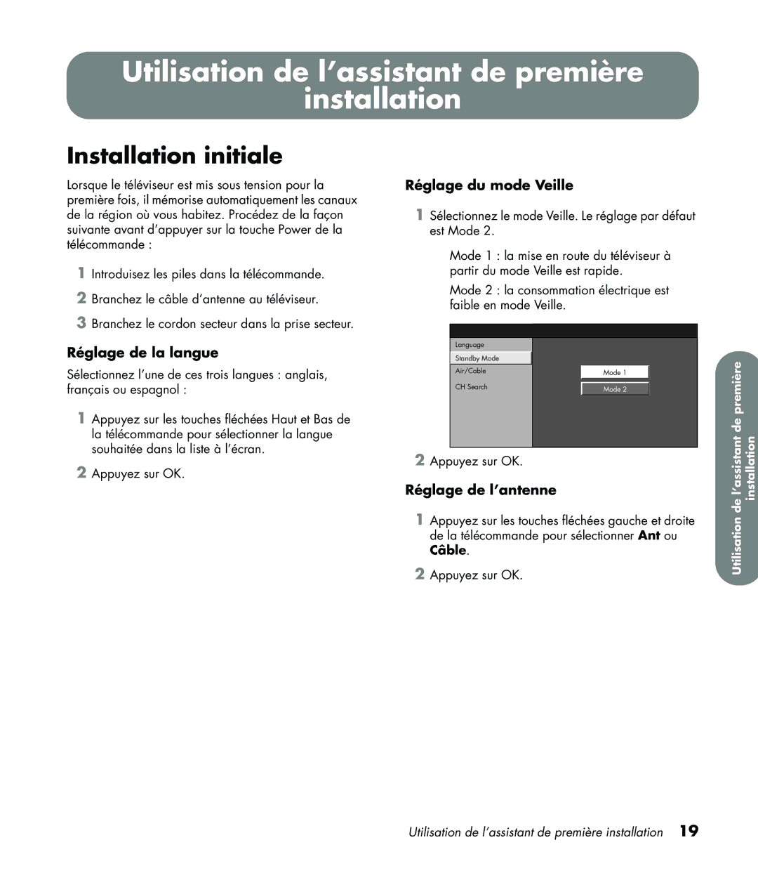 HP LC3760N manual Utilisation de l’assistant de première Installation, Installation initiale, Réglage de la langue 