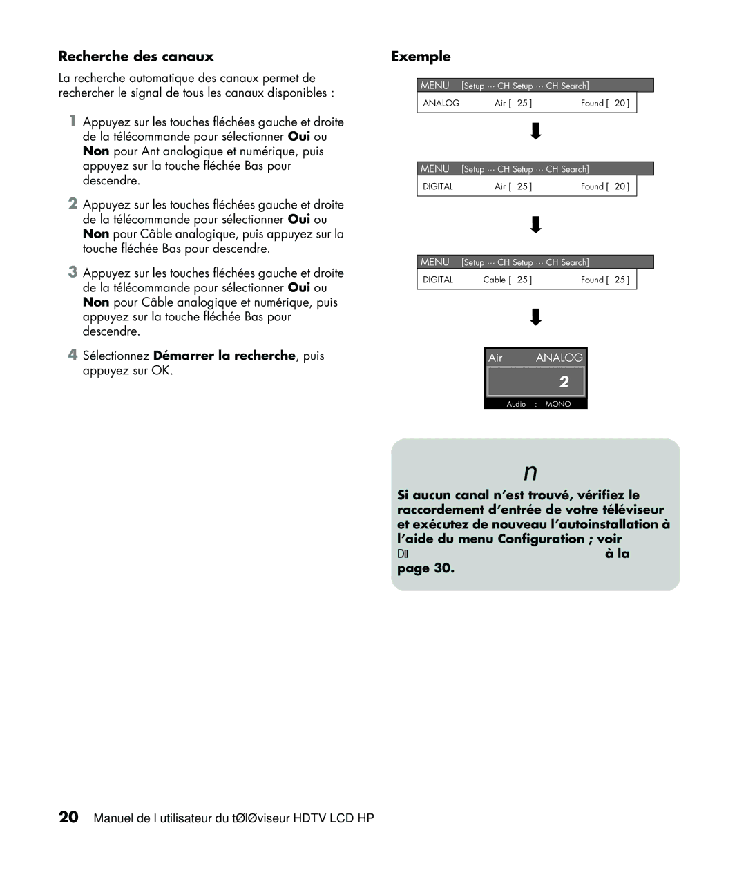 HP LC3760N manual Recherche des canaux, Exemple, Sélectionnez Démarrer la recherche, puis appuyez sur OK 