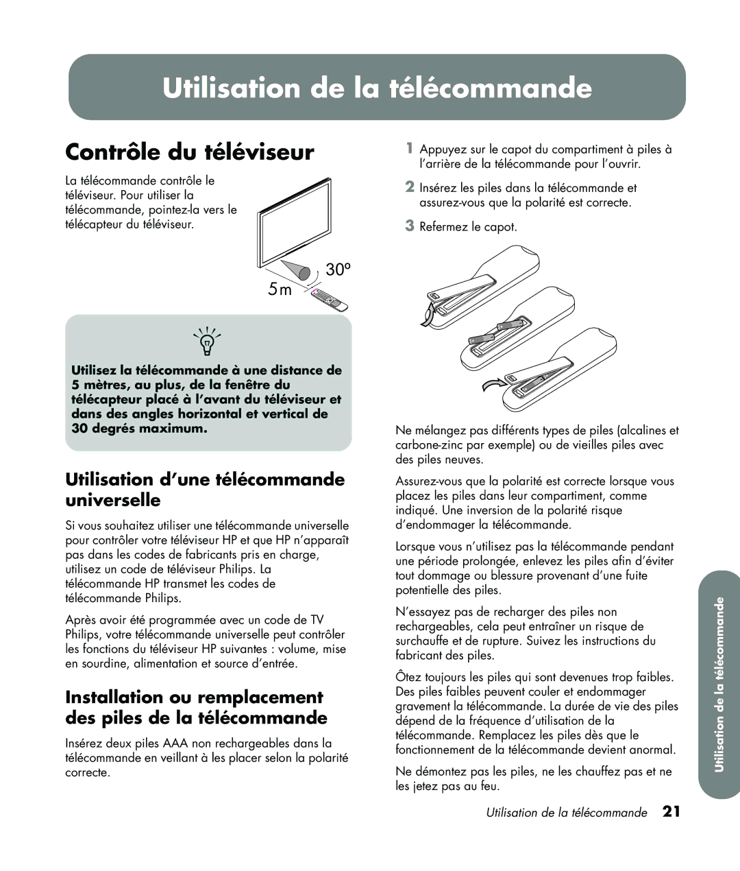 HP LC3760N manual Utilisation de la télécommande, Contrôle du téléviseur, Utilisation d’une télécommande universelle 