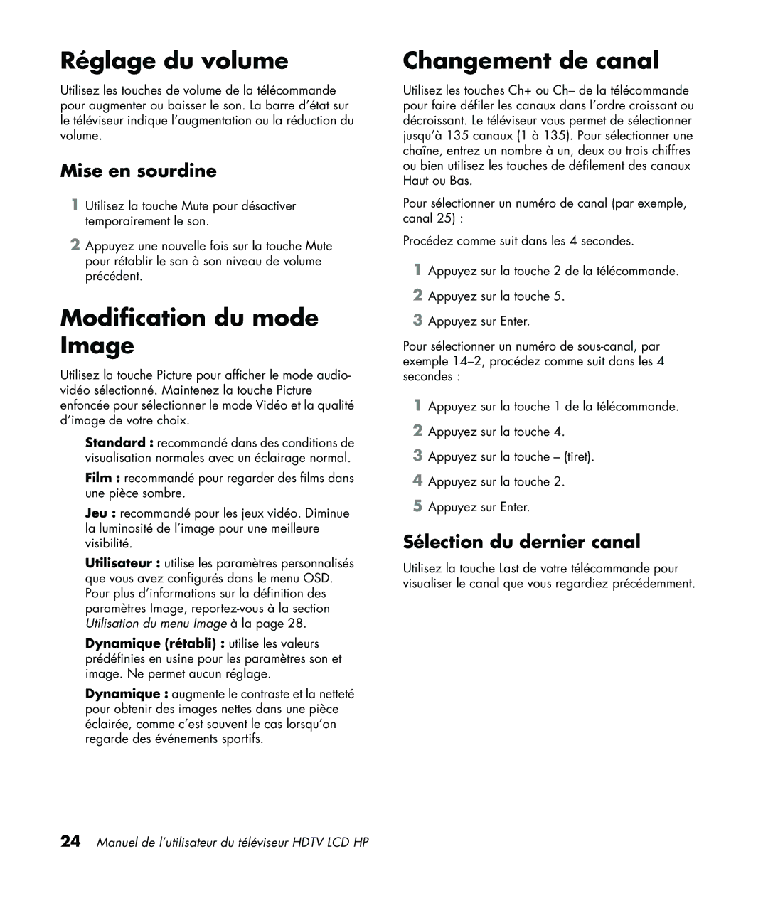 HP LC3760N manual Réglage du volume, Modification du mode Image, Changement de canal, Mise en sourdine 