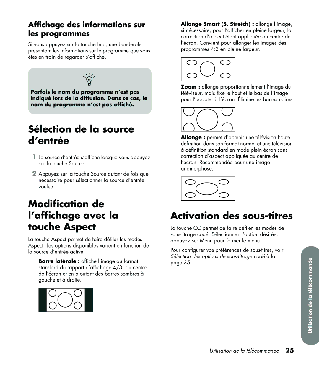 HP LC3760N Sélection de la source d’entrée, Modification de l’affichage avec la touche Aspect, Activation des sous-titres 