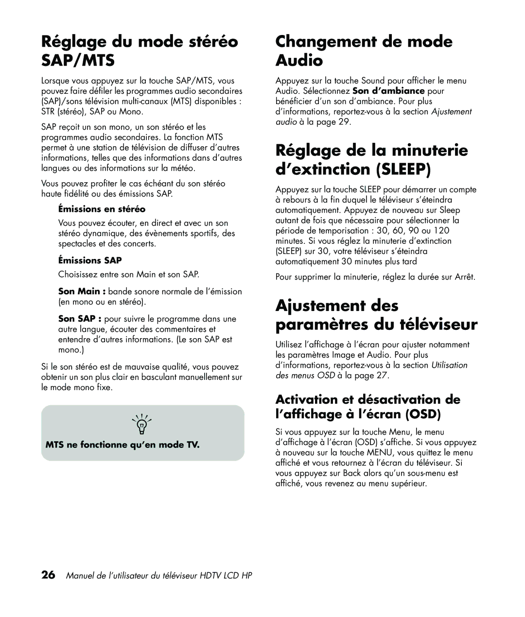 HP LC3760N manual Réglage du mode stéréo, Changement de mode Audio, Réglage de la minuterie d’extinction Sleep 