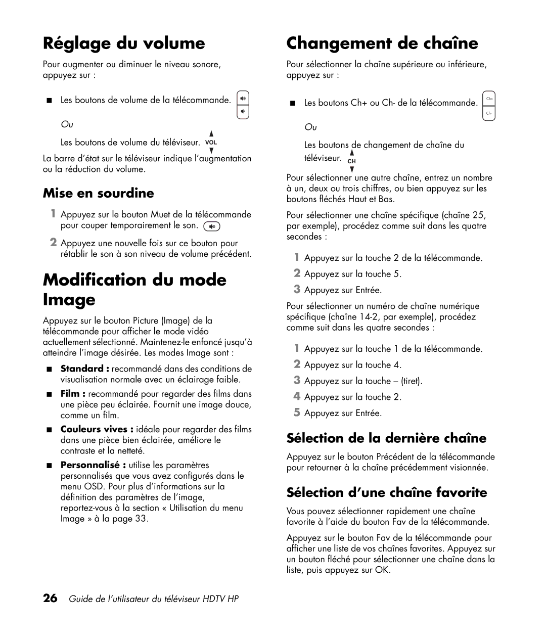 HP LC3772N 37 inch, LC3272N 32 inch, LC4276N 42 inch Réglage du volume, Modification du mode Image, Changement de chaîne 