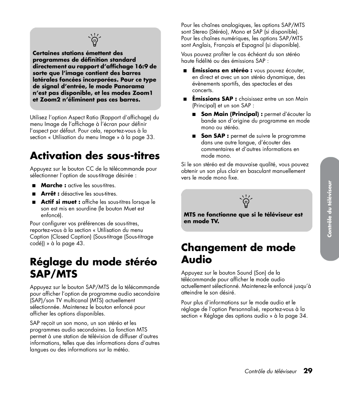 HP LC4776N 47 inch, LC3772N 37 inch manual Activation des sous-titres, Réglage du mode stéréo, Changement de mode Audio 