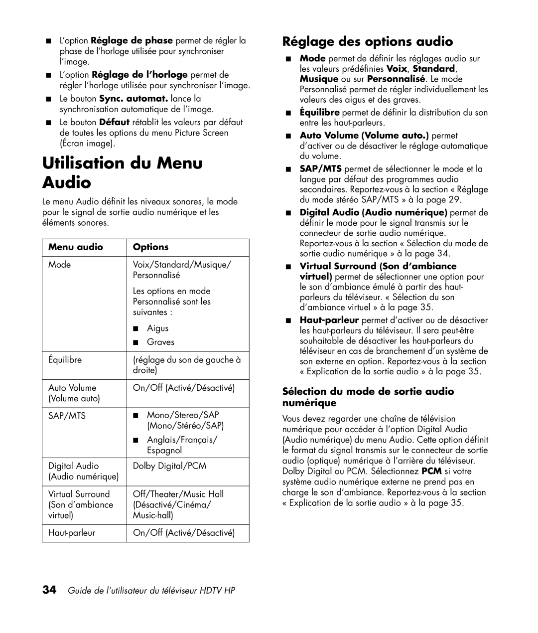 HP LC3772N 37 inch manual Utilisation du Menu Audio, Réglage des options audio, Sélection du mode de sortie audio numérique 