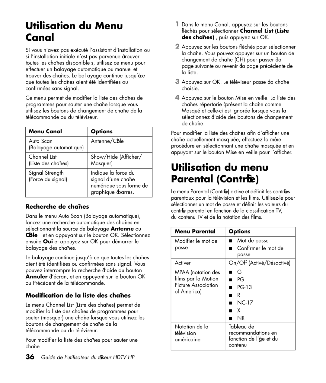 HP LC4276N 42 inch, LC3772N 37 inch Utilisation du Menu Canal, Utilisation du menu Parental Contrôle, Recherche de chaînes 