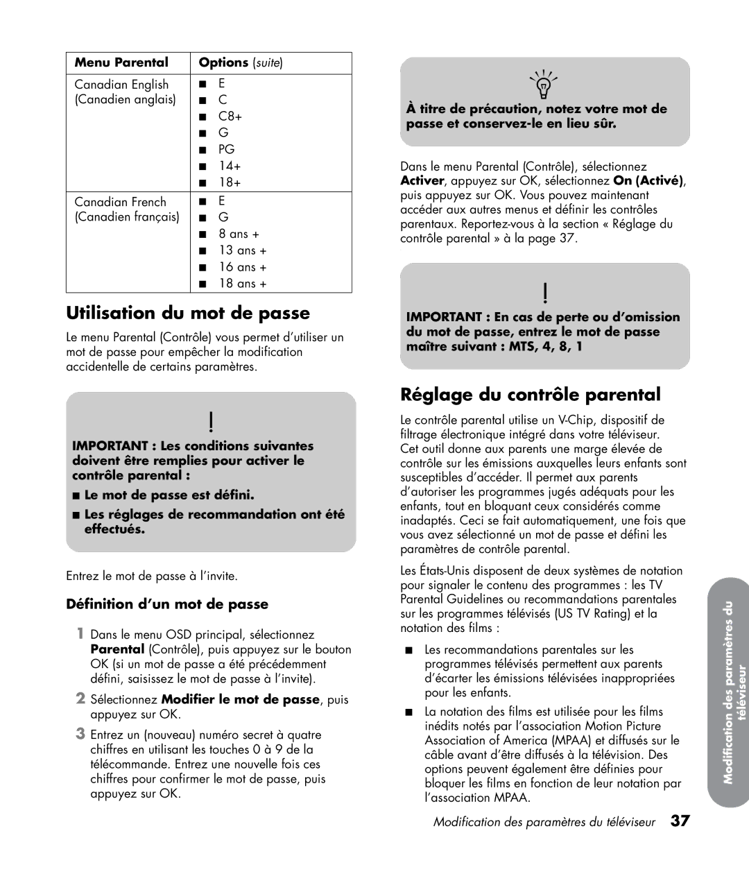 HP LC4776N 47 inch manual Utilisation du mot de passe, Réglage du contrôle parental, Définition d’un mot de passe 