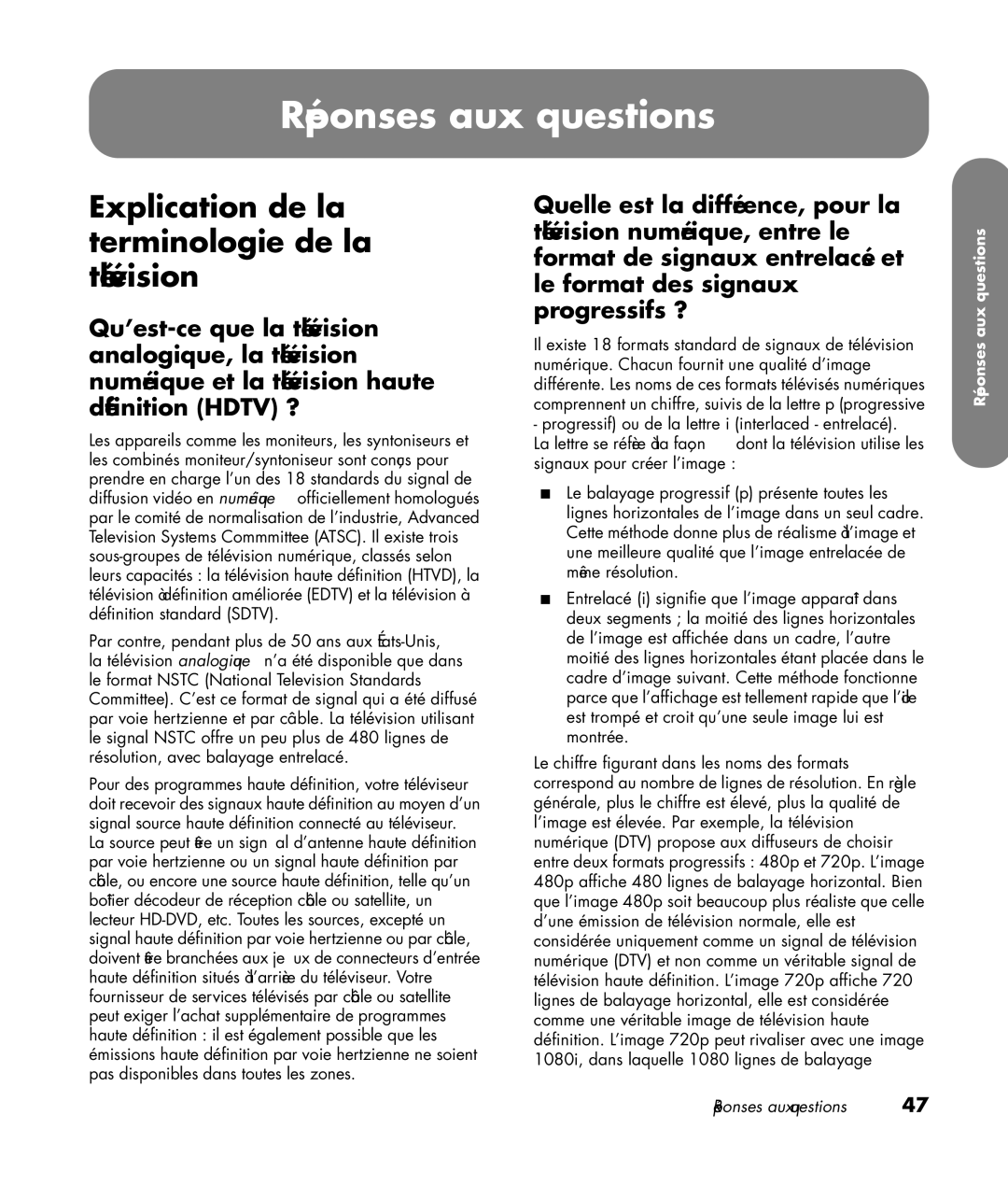 HP LC3272N 32 inch, LC3772N 37 inch manual Réponses aux questions, Explication de la terminologie de la télévision 