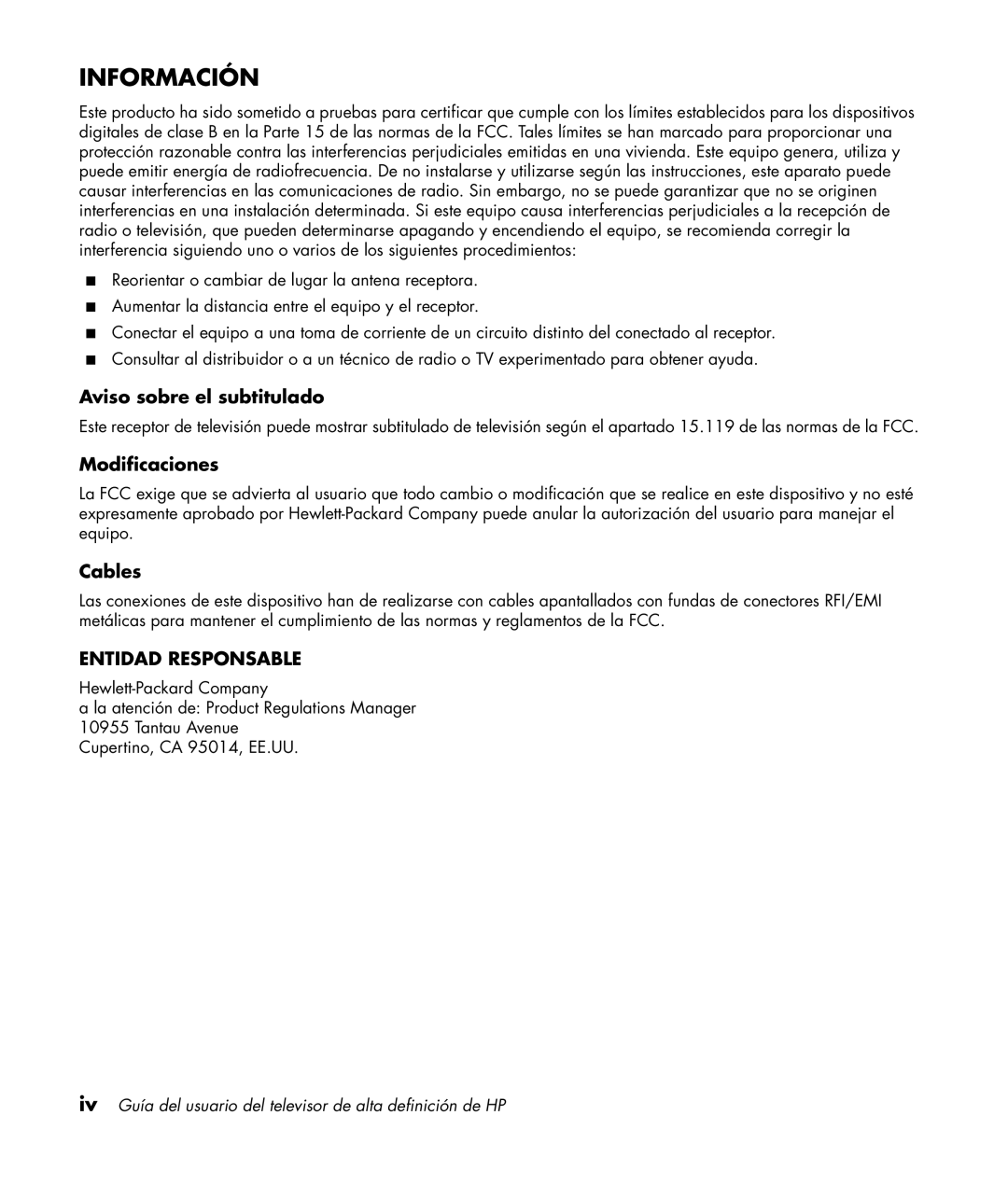 HP LC3772N 37 inch Aviso sobre el subtitulado, Modificaciones, Iv Guía del usuario del televisor de alta definición de HP 