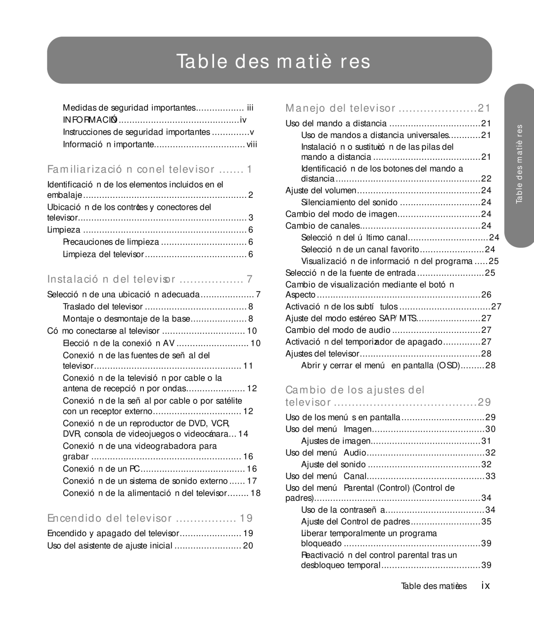 HP LC3272N 32 inch, LC3772N 37 inch, LC4276N 42 inch, LC4776N 47 inch manual Table des matières 