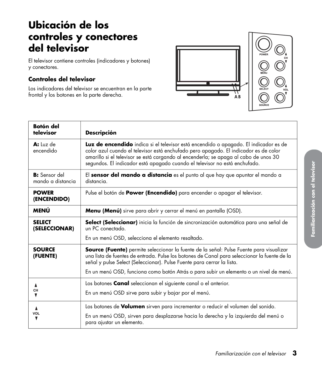 HP LC3272N 32 inch, LC3772N 37 inch manual Ubicación de los controles y conectores del televisor, Controles del televisor 