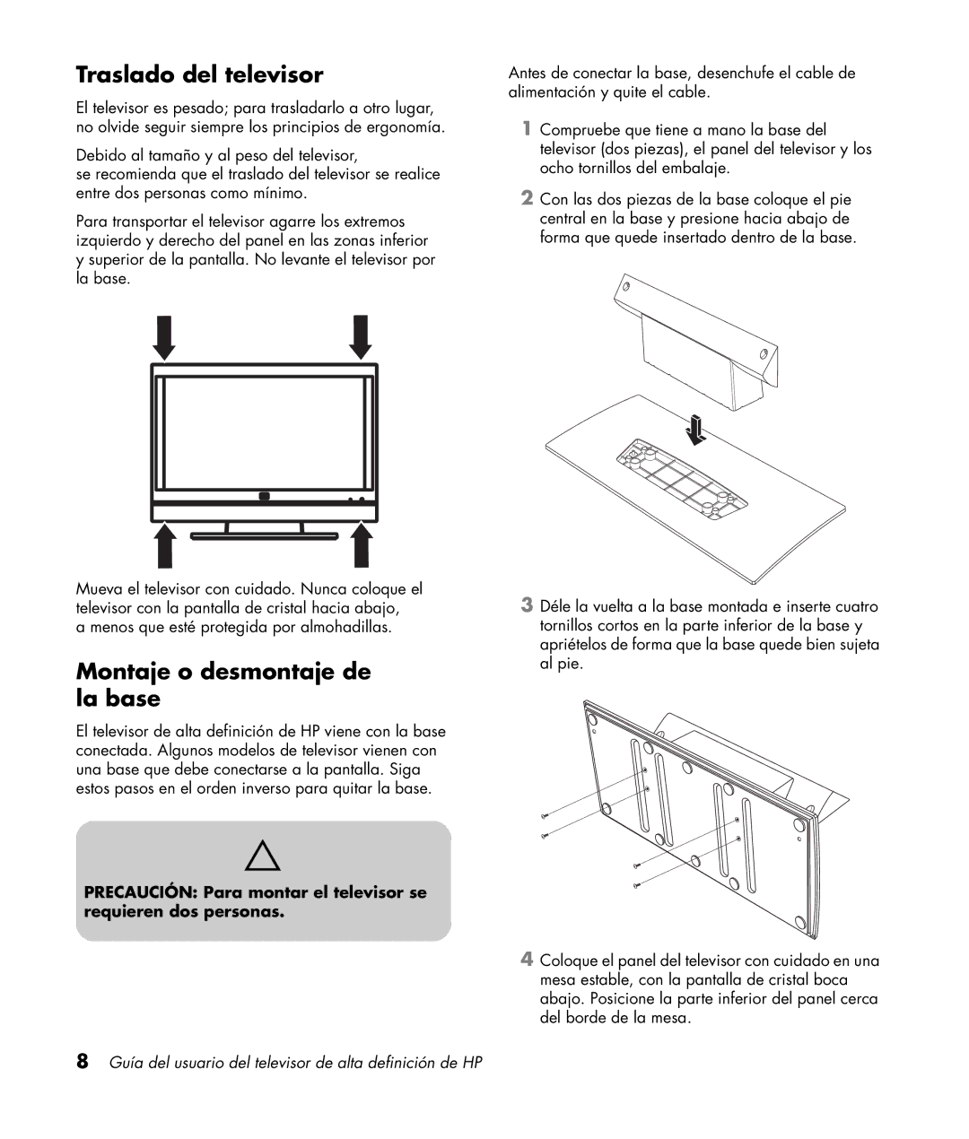 HP LC4276N 42 inch, LC3772N 37 inch, LC3272N 32 inch manual Traslado del televisor, Montaje o desmontaje de la base 