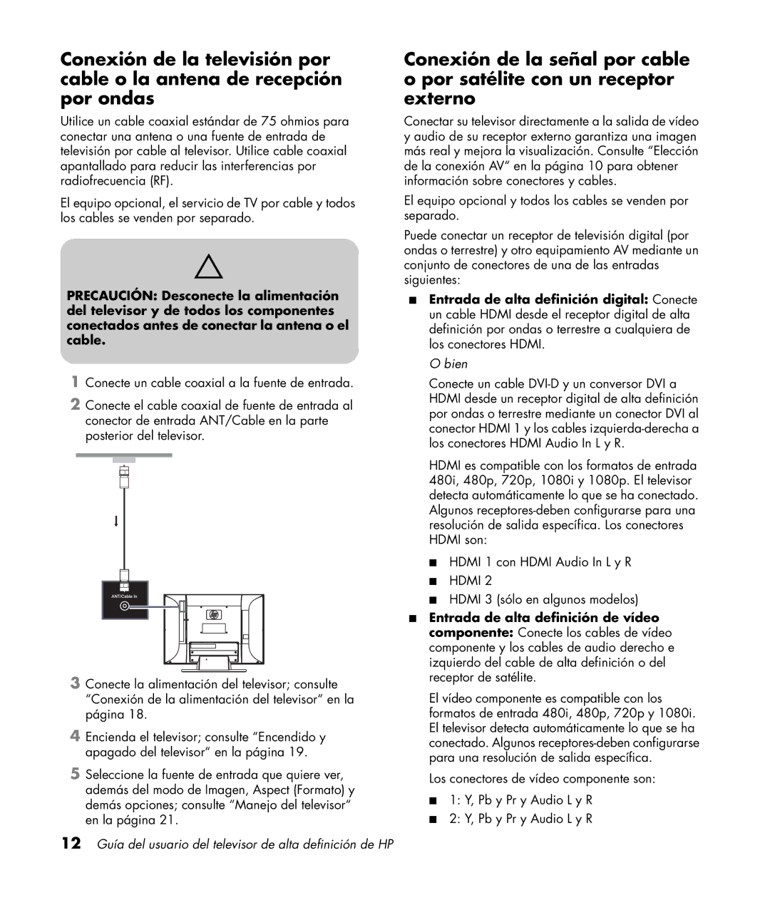 HP LC4276N 42 inch, LC3772N 37 inch, LC3272N 32 inch manual Bien, 12 Guía del usuario del televisor de alta definición de HP 