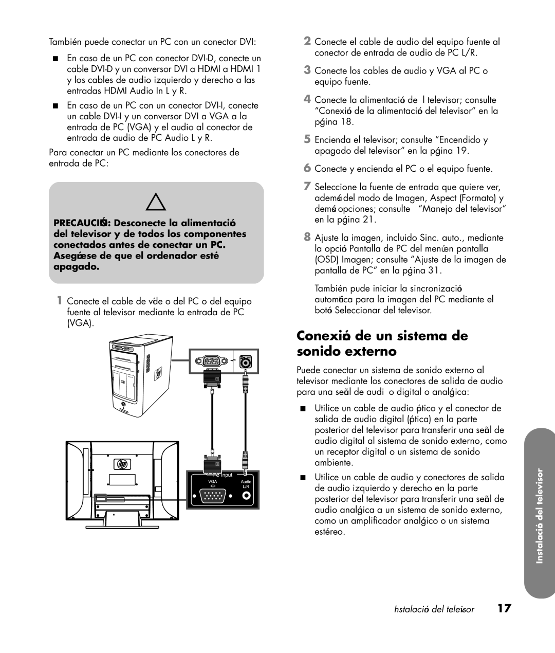 HP LC4776N 47 inch, LC3772N 37 inch, LC3272N 32 inch, LC4276N 42 inch manual Conexión de un sistema de sonido externo 