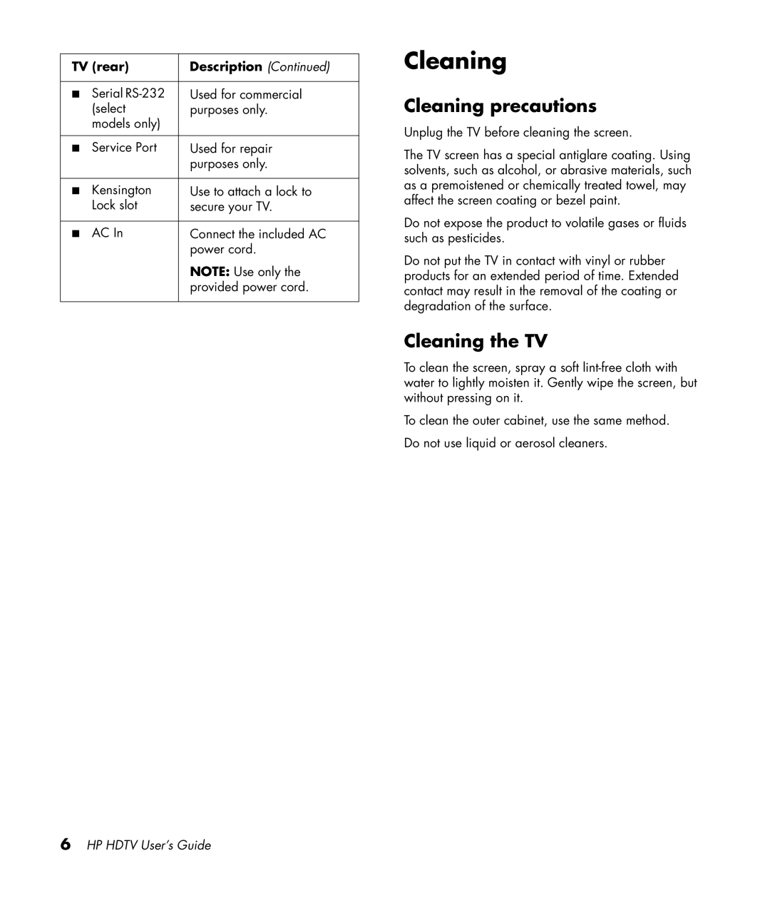 HP LC3772N 37 inch, LC3272N 32 inch, LC4276N 42 inch, LC4776N 47 inch manual Cleaning precautions, Cleaning the TV 