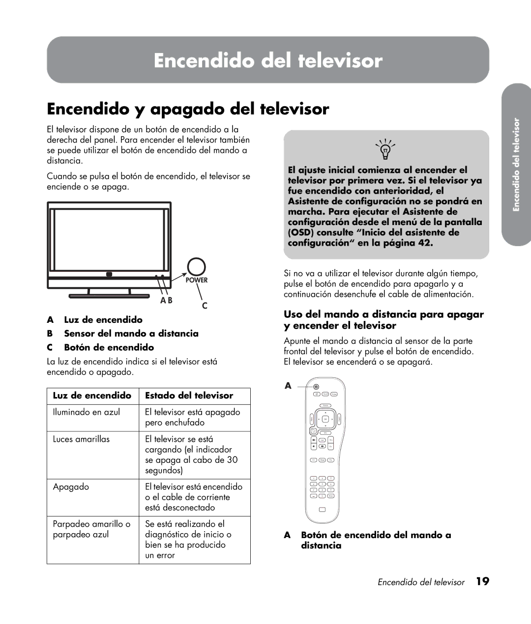 HP LC3272N 32 inch manual Encendido del televisor, Encendido y apagado del televisor, Luz de encendido Estado del televisor 