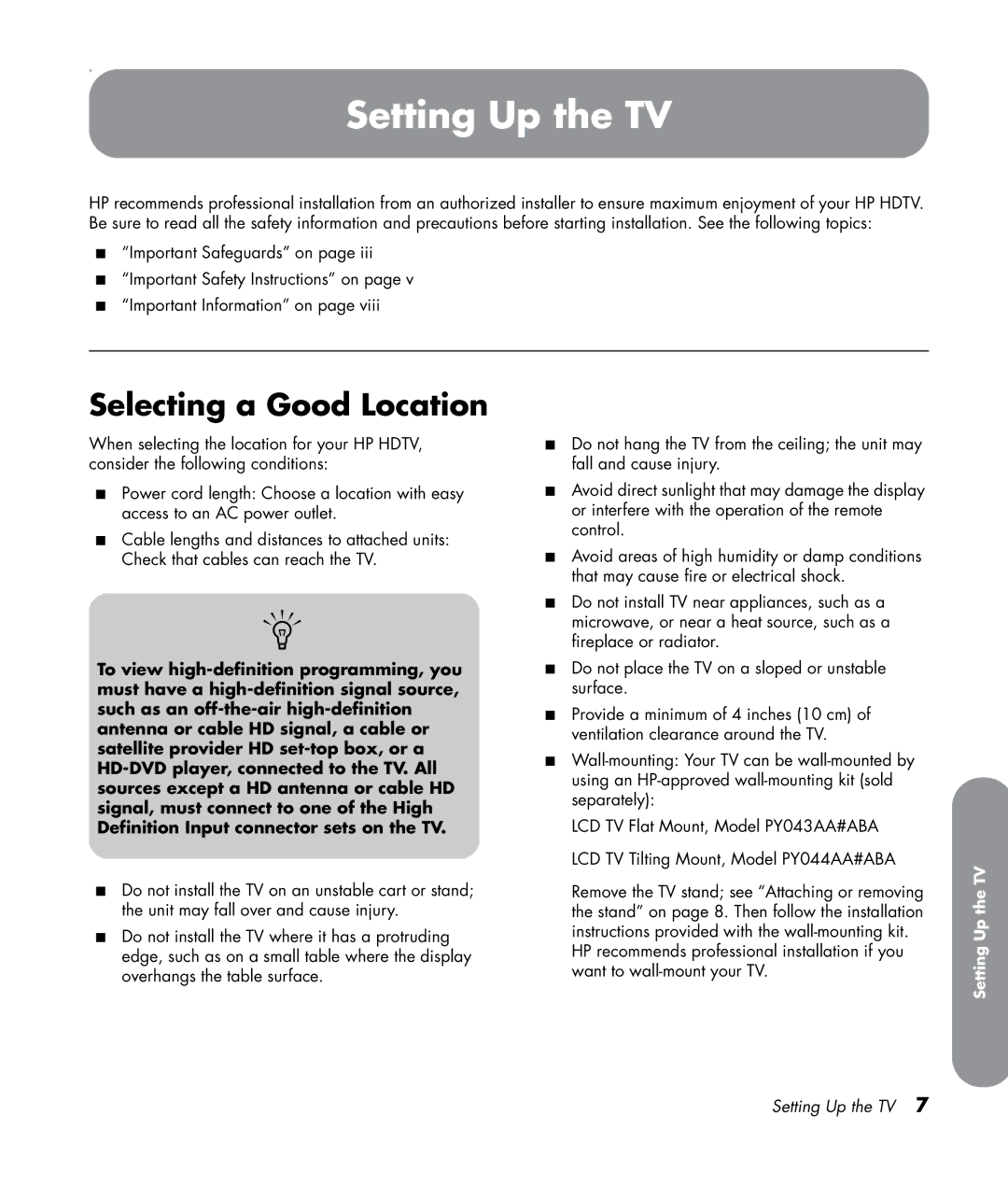 HP LC3272N 32 inch, LC3772N 37 inch, LC4276N 42 inch, LC4776N 47 inch manual Setting Up the TV, Selecting a Good Location 