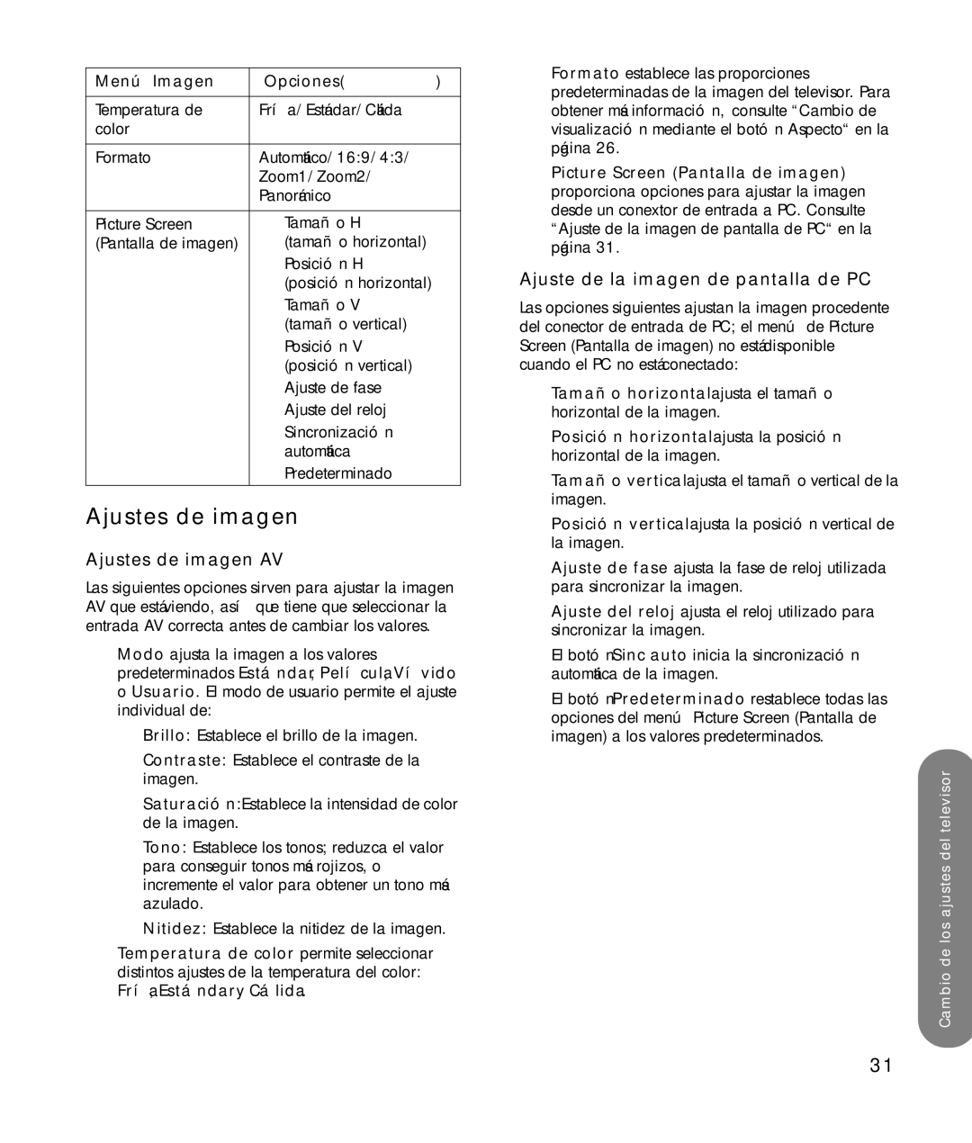 HP LC3272N 32 inch Ajustes de imagen AV, Ajuste de la imagen de pantalla de PC, Menú Imagen, Opciones Continuación 