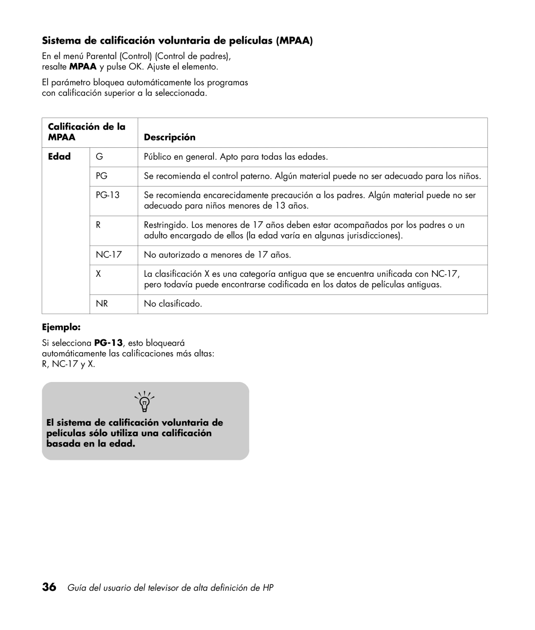 HP LC4276N 42 inch manual Sistema de calificación voluntaria de películas Mpaa, Calificación de la, Edad, Ejemplo 