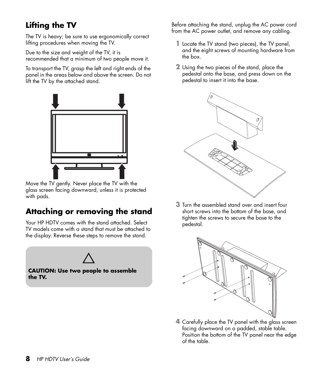 HP LC4276N 42 inch, LC3772N 37 inch, LC3272N 32 inch, LC4776N 47 inch manual Lifting the TV, Attaching or removing the stand 