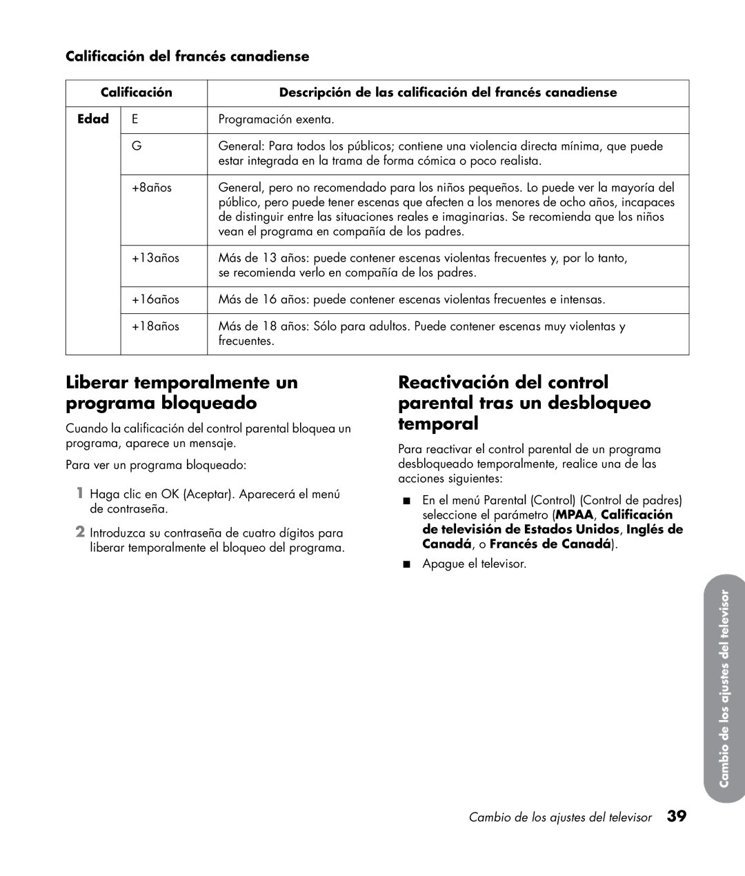 HP LC3272N 32 inch, LC3772N 37 inch manual Liberar temporalmente un programa bloqueado, Calificación del francés canadiense 