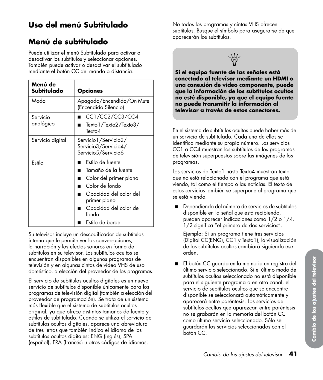 HP LC4776N 47 inch, LC3772N 37 inch manual Uso del menú Subtitulado Menú de subtitulado, Menú de Subtitulado Opciones 