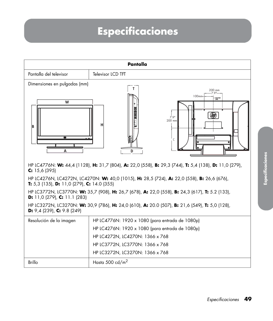 HP LC4776N 47 inch, LC3772N 37 inch, LC3272N 32 inch, LC4276N 42 inch manual Especificaciones, Pantalla 