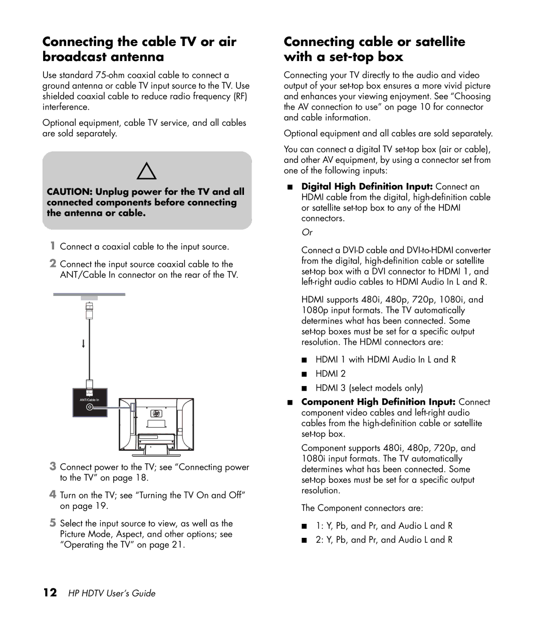 HP LC4276N 42 inch Connecting the cable TV or air broadcast antenna, Connecting cable or satellite with a set-top box 