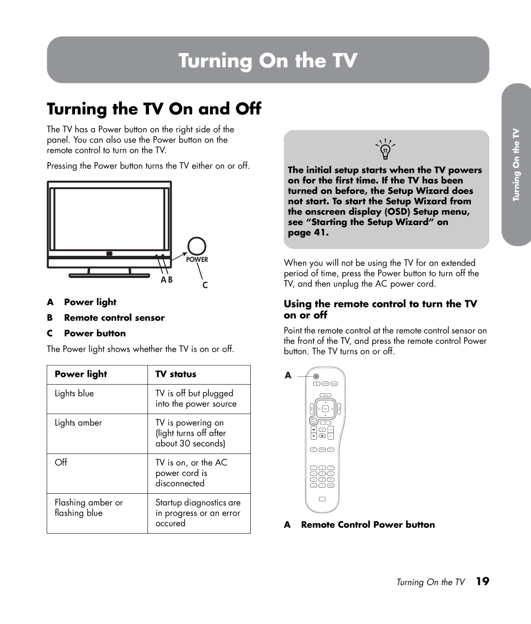 HP LC3272N 32 inch manual Turning On the TV, Turning the TV On and Off, Using the remote control to turn the TV on or off 