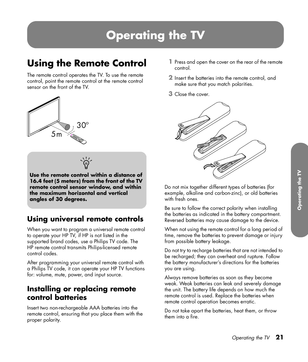 HP LC4776N 47 inch, LC3772N 37 inch manual Operating the TV, Using the Remote Control, Using universal remote controls 