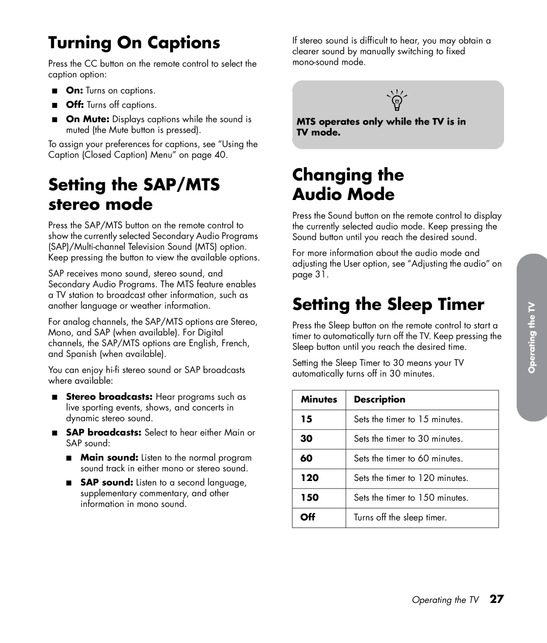 HP LC3272N 32 inch Turning On Captions, Setting the SAP/MTS stereo mode, Changing Audio Mode, Setting the Sleep Timer 