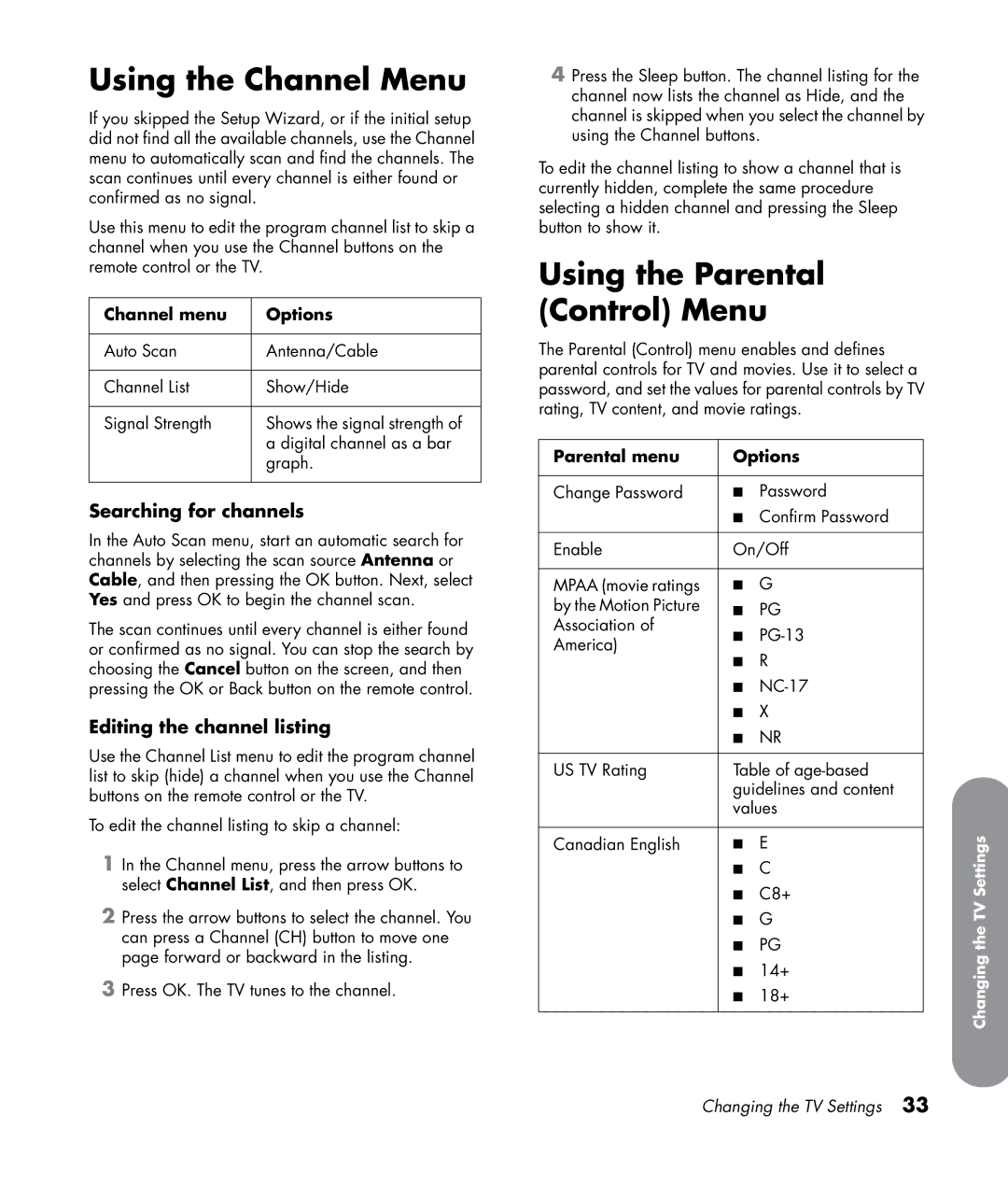 HP LC4776N 47 inch, LC3772N 37 inch manual Using the Channel Menu, Using the Parental Control Menu, Searching for channels 